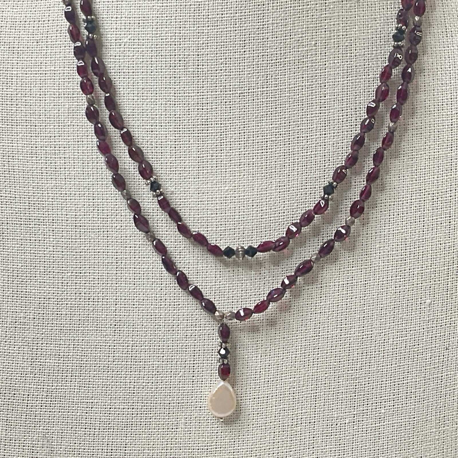 Genuine Garnet Beaded Necklace Double Strand Pearl Pendant Silver Tone 20